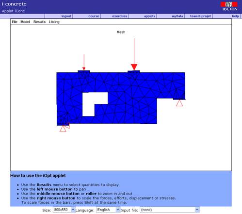 Figure 13: Applet iConc showing the Finite Element mesh, the supports and the loads