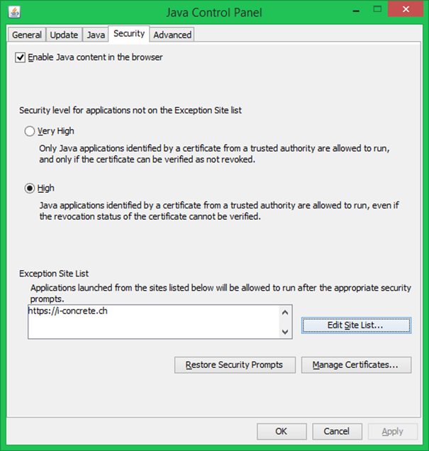 Figure 6: Panneau de configuration Java, onglet « Security » avec le site https://i-concrete.ch ...