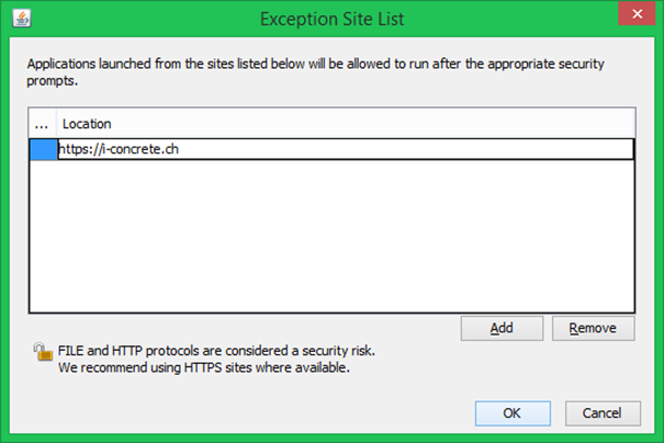 Figure 7: Ajouter le site i-concrete à la liste des sites pouvant exécuter des applets sur votre ...